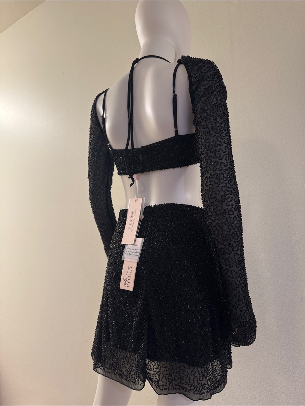 Black Beaded Two-Piece Mesh Set - Crop Top & Skirt - Picture 5 of 5
